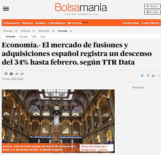 Economa.- El mercado de fusiones y adquisiciones espaol registra un descenso del 34% hasta febrero, segn TTR Data